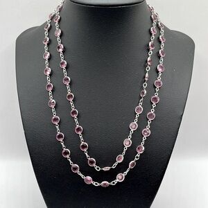 Pink Crystals Station Necklace SilverTone Vintage 34” Long